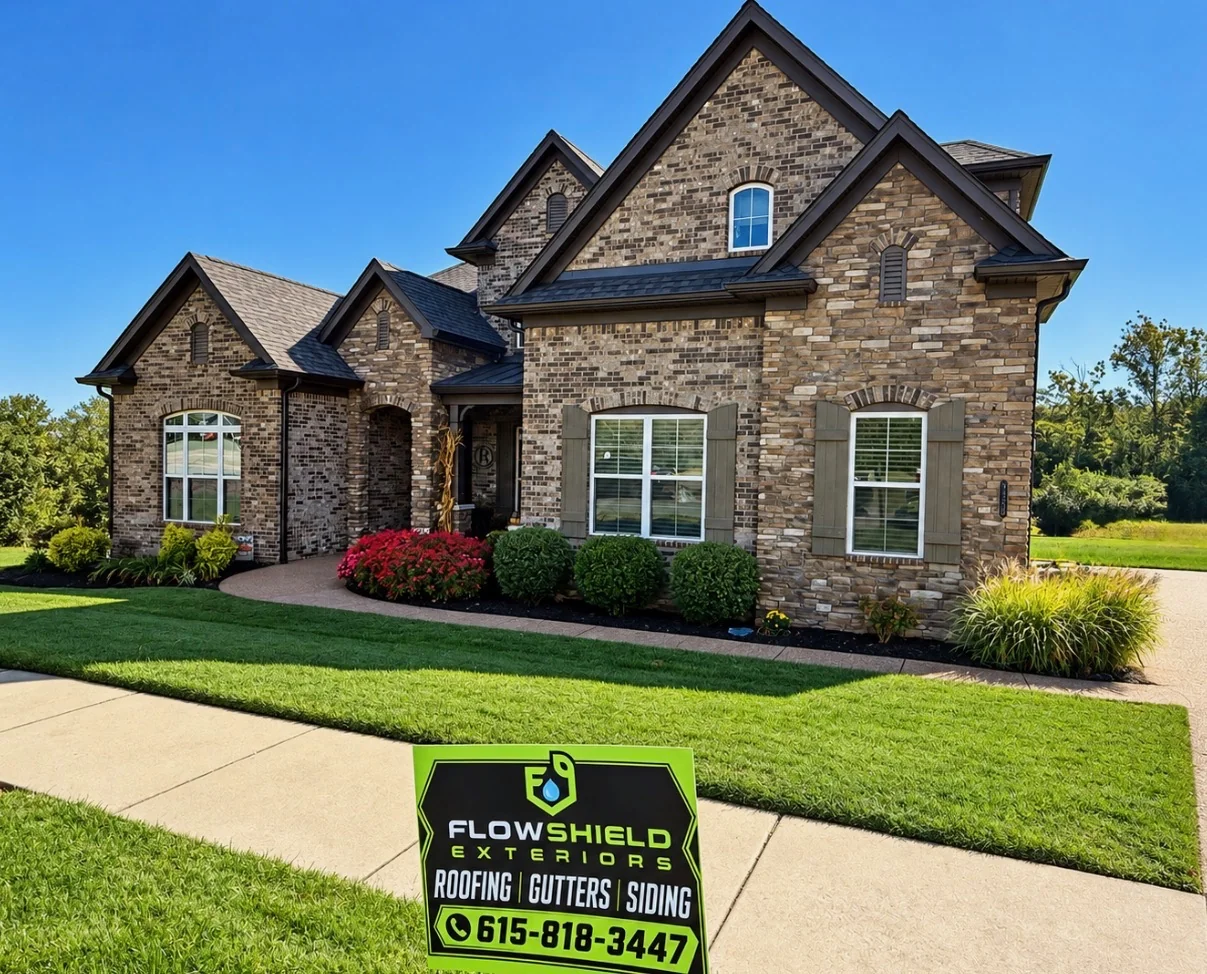 Brick and stone Middle Tennessee home with a FlowShield Exteriors roofing, gutters, and siding yard sign in the front lawn